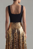 Glinsterende A-lijn zwarte en gouden pailletten vierkante hals lange formele jurk