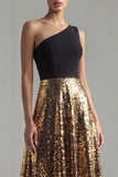 Glinsterende A-lijn met één schouder in zwart en goud pailletten, lange formele jurk met één schouder