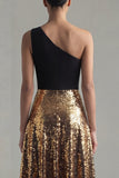 Glinsterende A-lijn met één schouder in zwart en goud pailletten, lange formele jurk met één schouder