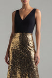 Glinsterende zwarte en gouden pailletten A-lijn V-hals lange formele jurk
