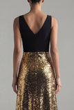 Glinsterende zwarte en gouden pailletten A-lijn V-hals lange formele jurk