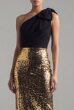 Glinsterende schede met één schouder zwarte en gouden pailletten, strik lange formele jurk met split