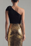 Glinsterende schede met één schouder zwarte en gouden pailletten, strik lange formele jurk met split