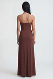 Strapless bruine gerimpelde lange formele jurk