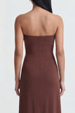 Strapless bruine gerimpelde lange formele jurk