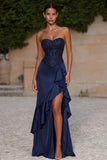 Strapless marineblauwe pailletten gerimpelde avondjurk met split