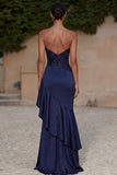 Strapless marineblauwe pailletten gerimpelde avondjurk met split