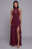 Halter bordeauxrood met ruches geruimpe formele jurk met split