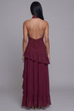 Halter bordeauxrood met ruches geruimpe formele jurk met split