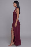 Halter bordeauxrood met ruches geruimpe formele jurk met split