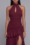 Halter bordeauxrood met ruches geruimpe formele jurk met split