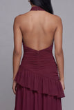Halter bordeauxrood met ruches geruimpe formele jurk met split