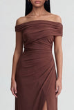 Off-the-shoulder bruine zeemeermin gerimpeld lange formele jurk