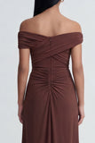 Off-the-shoulder bruine zeemeermin gerimpeld lange formele jurk