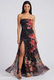 Ivoorkleurige strapless gerimpelde bloemenjurk met split