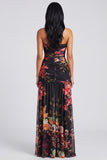Ivoorkleurige strapless gerimpelde bloemenjurk met split