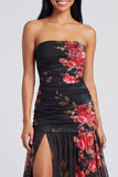 Ivoorkleurige strapless gerimpelde bloemenjurk met split