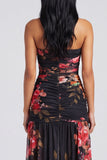Ivoorkleurige strapless gerimpelde bloemenjurk met split