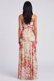 Ivoorkleurige strapless gerimpelde bloemenjurk met split