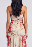 Ivoorkleurige strapless gerimpelde bloemenjurk met split