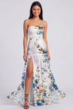 Ivoorkleurige strapless gerimpelde bloemenjurk met split