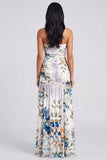 Ivoorkleurige strapless gerimpelde bloemenjurk met split