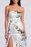 Ivoorkleurige strapless gerimpelde bloemenjurk met split