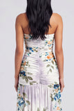 Ivoorkleurige strapless gerimpelde bloemenjurk met split