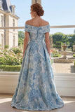 Off-the-shoulder A-lijn jacquard blauw lange moeder van de bruid jurk