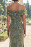 Off-the-shoulder groene zeemeermin tule geborduurde moeder van de bruid jurk