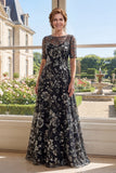 A-lijn zwarte tule bateau hals pailletten Mother of the Bride jurk