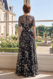 A-lijn zwarte tule bateau hals pailletten Mother of the Bride jurk