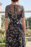 A-lijn zwarte tule bateau hals pailletten Mother of the Bride jurk