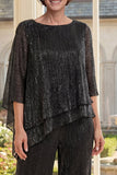 Zwarte 2-delige asymmetrische Mother Of the Bride jurk met halve mouwen