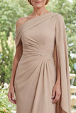 Champagne Eénschouder Chiffon met gerimpelde lange moeder van de bruid jurk met zijmantel
