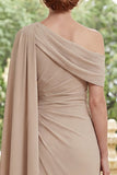Champagne Eénschouder Chiffon met gerimpelde lange moeder van de bruid jurk met zijmantel
