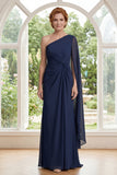 Chiffon marineblauw met één schouder gerimpelde moeder van de bruid jurk met capemouw