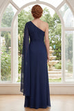 Chiffon marineblauw met één schouder gerimpelde moeder van de bruid jurk met capemouw