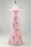 Off-the-shoulder roze meermin-bloemen lange galajurk met kralen