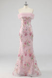 Off-the-shoulder roze meermin-bloemen lange galajurk met kralen