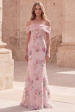 Off-the-shoulder roze meermin-bloemen lange galajurk met kralen