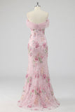 Off-the-shoulder roze meermin-bloemen lange galajurk met kralen