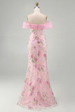 Off-the-shoulder roze meermin-bloemen lange galajurk met kralen