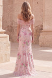 Off-the-shoulder roze meermin-bloemen lange galajurk met kralen