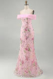 Off-the-shoulder roze meermin-bloemen lange galajurk met kralen