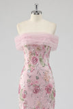 Off-the-shoulder roze meermin-bloemen lange galajurk met kralen