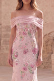 Off-the-shoulder roze meermin-bloemen lange galajurk met kralen