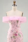 Off-the-shoulder roze meermin-bloemen lange galajurk met kralen