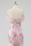 Off-the-shoulder roze meermin-bloemen lange galajurk met kralen