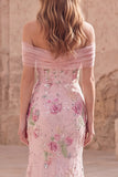 Off-the-shoulder roze meermin-bloemen lange galajurk met kralen